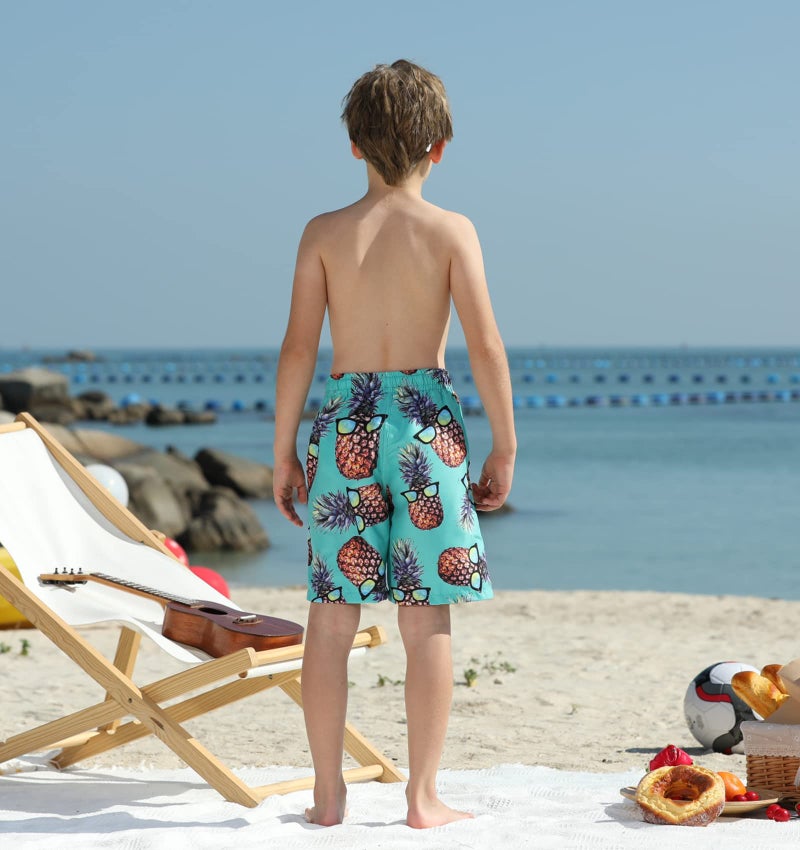 BFUSTYLE 9-10 Years Old Children Boys Swim Beach Board Shorts Trunks Fashion Green Glasses Pineapple Tropical Hawaiian Graphic Light Weight Summer Surfing Pool Party Bathing Suit Bottom - Image 3